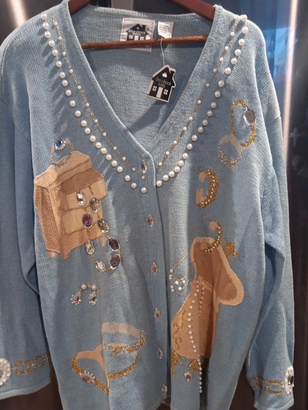 Storybook Knits Light Blue Embellished Cardigan with Pearl & Gold Accents